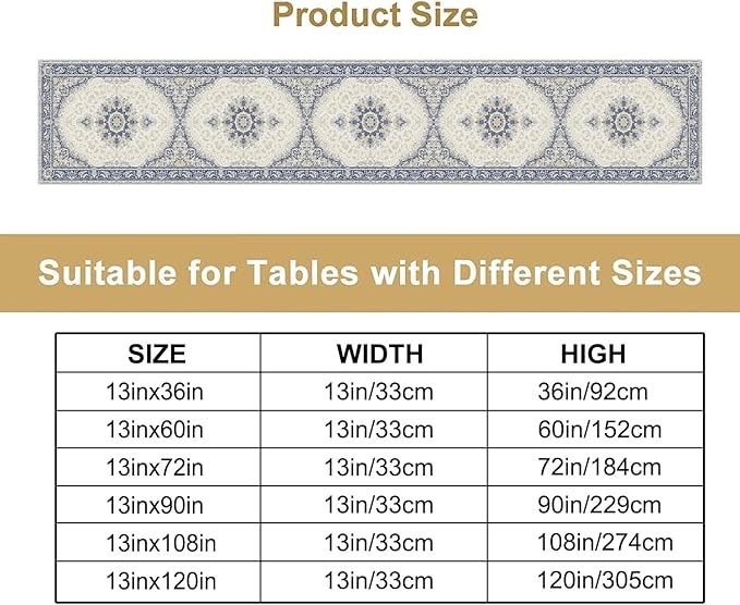 Boho Bohemia Style Table Runner, Vintage Blue Gold Retro Flower Rustic Country Style Floral Print Pattern for Home Kitchen Table Decor Dining Coffee Room Garden Party Decor 13x120in