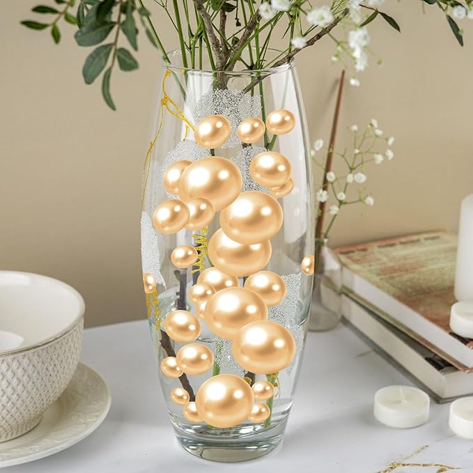 Vase Filler Beads, 100 Light Brown Faux Pearls, 3 Sizes, No Hole