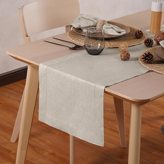 Linen Light Natural Table Runner 72 Inches - 100% Pure Linen Cloth Fabric Hemstitch Table Runner 14 x 72 Inch for Dining, Dresser, Thanksgiving, Fall Christmas - Lino