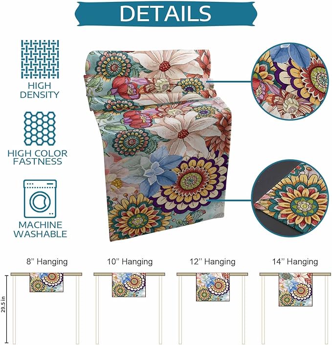 Boho Flowers Cotton Linen Table Runner for Dining Kitchen, Wedding Outdoor Party Tablerunners Decoration, Colorful Floral Farm Vintage Botanical Dresser Scarf Coffee Tablecloth Runners 13x36 Inches