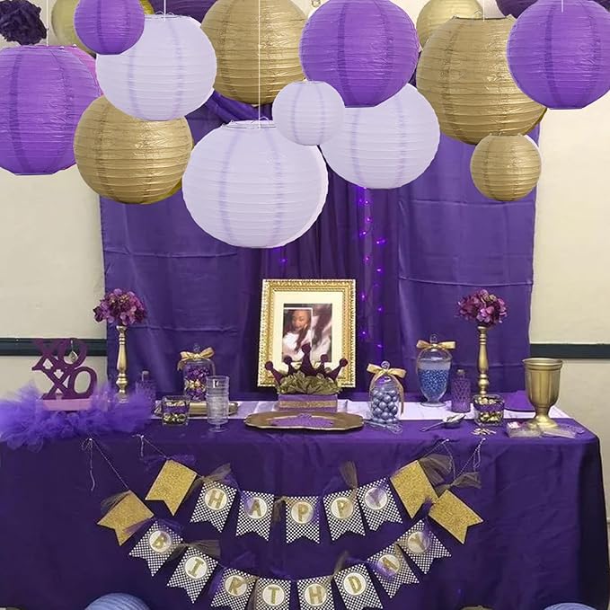 Round Paper Lanterns in Purple, Gold and Lavender, 16 Count Mixed Sizes