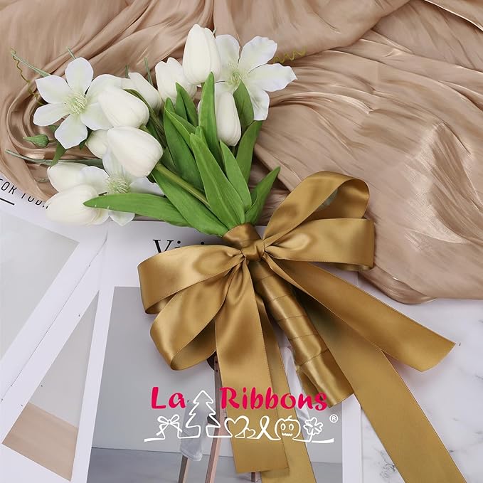 LaRibbons 1 1/2 Inch 50 Yard Double Faced Satin Ribbon,Pale Gold Satin Craft Fabric Ribbon for Gift Wrapping Floral Bouquets Wedding Party Decoration