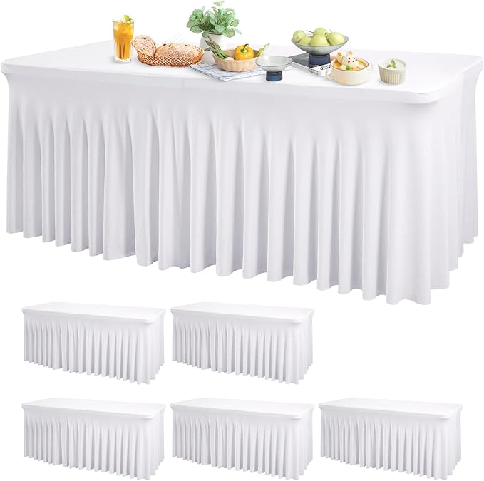 Wish Care 6 Pack White Spandex Table Clothes for 4 Foot Rectangle Tables, 4FT Wrinkle Free Fitted Tablecloths Ruffles Design Table Cover for Party, Banquet, Wedding and Events