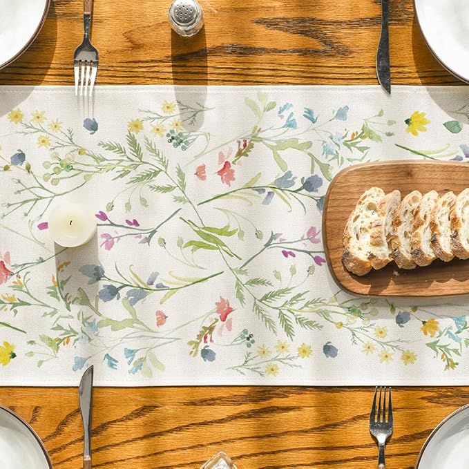 Artoid Mode Wildflowers Bloom Flowers Spring Table Runner, Seasonal Summer Floral Kitchen Dining Table Decoration for Home Party Decor 13x108 Inch