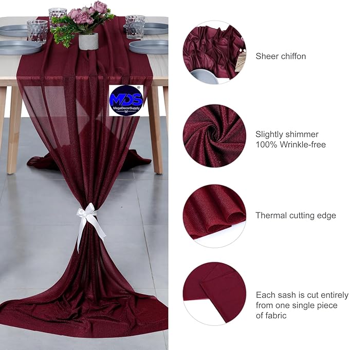 MDS 25 Pack 10ft Chiffon Table Runner 29 x 120 Inches Sheer Wedding Runner Romantic Rustic Table Runner for Wedding Decorations, Birthday Parties, Bridal Shower Party Arch Decor - Burgundy