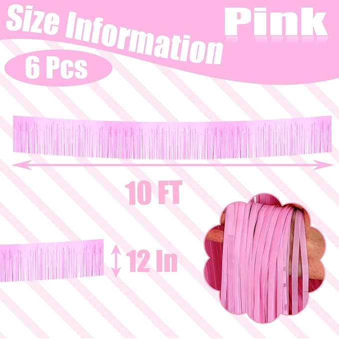6 Pack 10 Feet Foil Fringe Garland Metallic Tinsel Streamers Banner Wall Hanging Backdrop Banner for Parade Floats, Thanksgiving, Christmas, Birthday, Halloween Party Decorations(Macaron Pink)