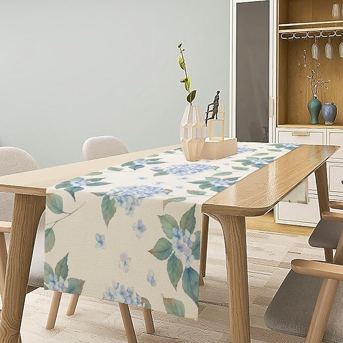 Spring Hydrangea Flower Table Runner, Seasonal Summer Plants Watercolor Blue Florals Dinner Runner for Home Kitchen Dining Table Party Holiday Decoration 13"x36"