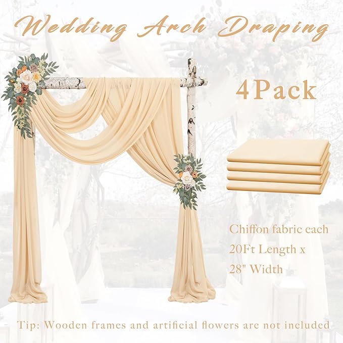 Wedding Arch Draping Fabric, 4 Champagne Chiffon Panels, 20 Ft Long