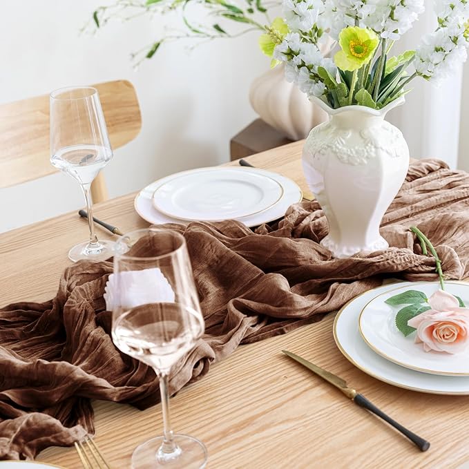Asee'm 12pcs Cheesecloth Table Runner 120 Inches Long Brown Boho Gauze Cheese Cloth Runner 10FT Rustic Sheer Fall Table Runners for Thanksgiving Christmas Wedding Party Baby Shower Decoration