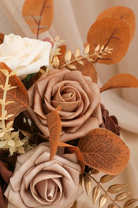 Floroom Artificial Flowers 25pcs Real Looking Earth Tones Ombre Colors Foam Fake Roses with Stems for DIY Wedding Bouquets Bridal Shower Floral Centerpieces Party Tables Home Decorations