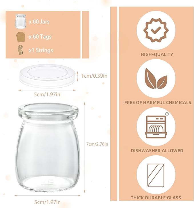 Glass Jars 3.4 oz Clear with Lids, Set of 60 for Desserts