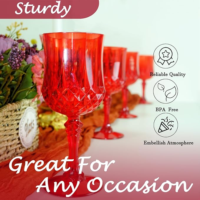 Plastic Wine Glasses，Plastic Goblets Vintage Style Cordial Drinking Glasses for Wedding Reception, Christmas Grand Event Party Supplies (48, Red)