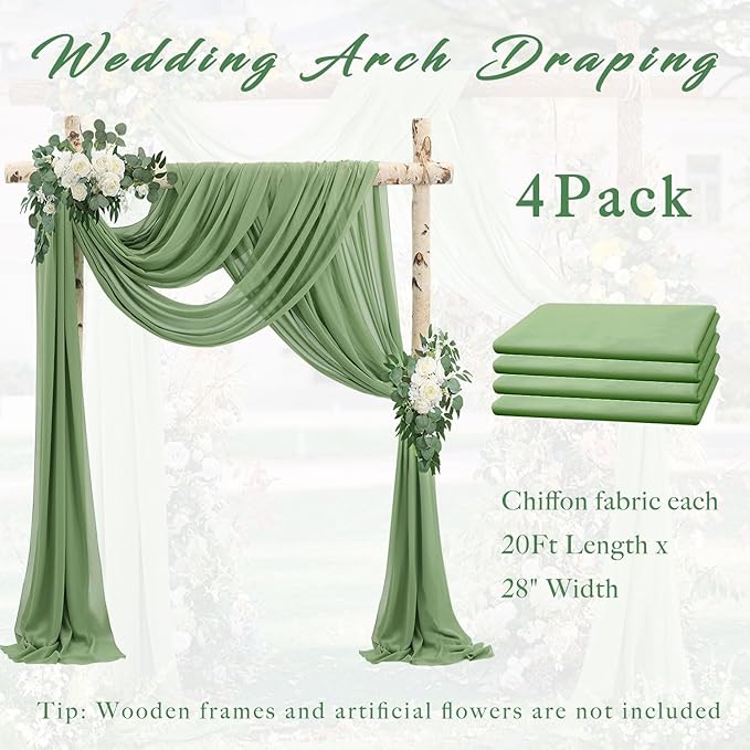 Wedding Arch Draping Fabric, Sage Green Chiffon, 4 Panels 20 Ft