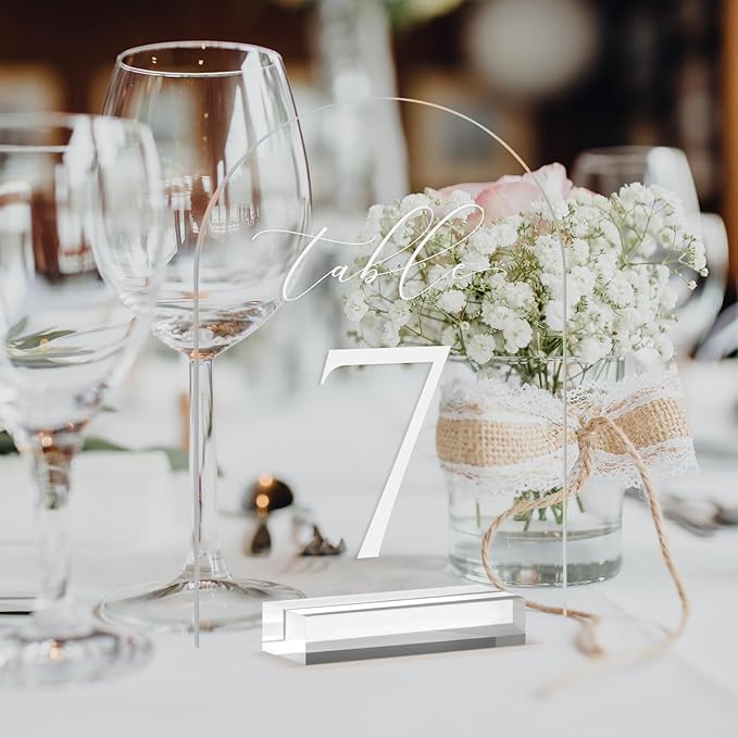 JINMURY Clear Arch Table Numbers for Wedding, 5x7 Inch Arched Acrylic Table Numbers 1-15 with Stands, Clear Acrylic Arch Sign with Holder for Centerpiece, Reception, Wedding, Party, Event