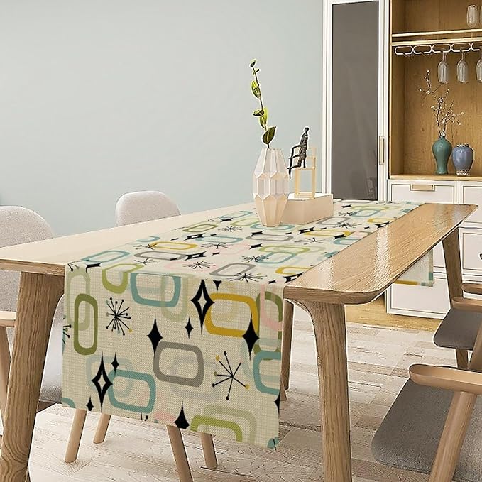 Mid Century Table Runner, Flag Retro Atomic Starburst 1950s Abstract Geometric Space Tabletop Decoration for Home Kitchen Restaurant Table Flag 13x36 Inch