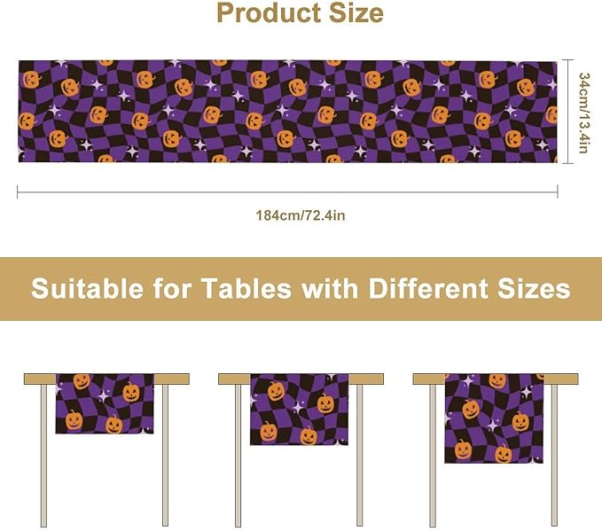 Halloween Table Runner,Purple Checkered Pumpkin Table Runner for Kitchen Dining Table Decoration Home Party Decor 13x120 Inch
