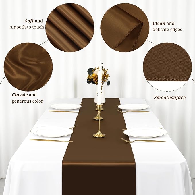 12 Pack Brown Satin Table Runner 12 x 108 inch Long Premium Smooth Table Runner for Wedding, Banquets, Birthday, Party, Graduation, Engagements,Table Runners fit Rectangle and Round Table