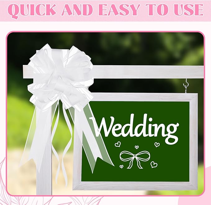 Gift Wrap Bows, 24 White Pull Bows with Ribbon for Weddings and Parties