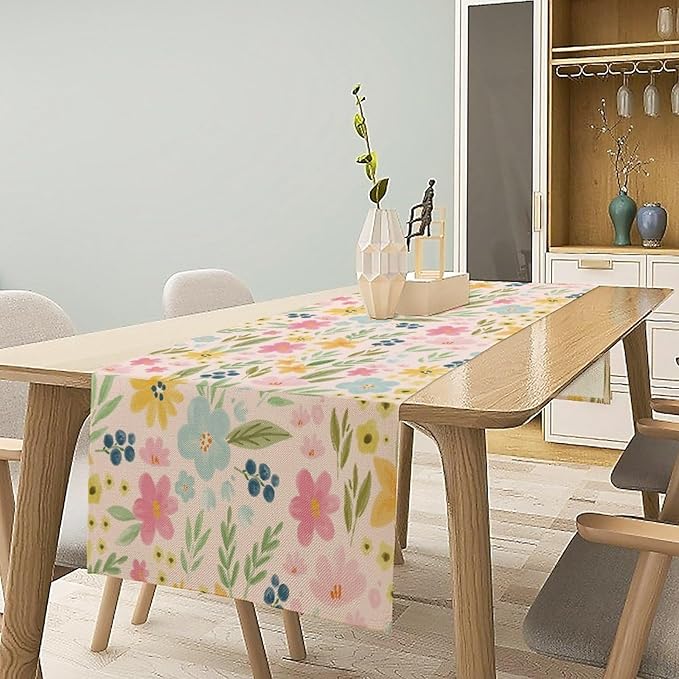 Floral Table Runner, Boho Style Watercolor Flower Green Leaf Plant Rectangle Table Decoration for Dining, Party, Holiday,13in（33cm） W * 72in（184cm） L