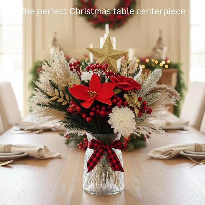 Christmas Centerpieces for Tables, Holiday Table Decor, 100pcs Christmas Floral Arrangements in Vase, Xmas Decorations for Coffee Kitchen Dining Table, Artificial Poinsettia Red Berry Pine Branches