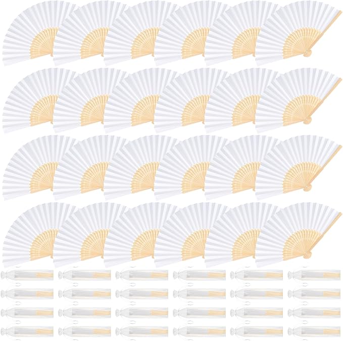 24 Pieces White Hand Held Bamboo Folding Fans Paper Fans Handheld for Women Foldable Girls Wedding Decoration Church Home Party Favors Summer