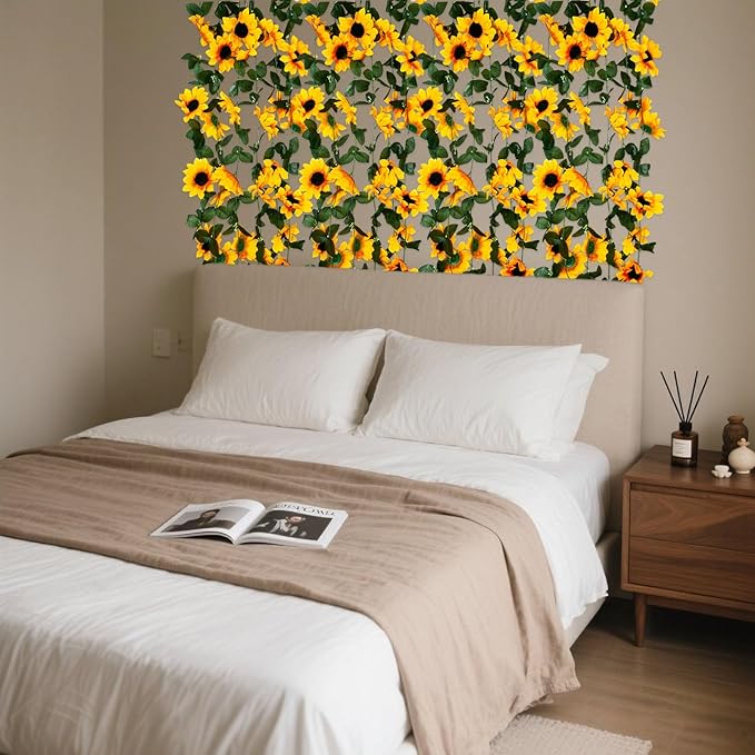 8Pcs 63Ft Sunflower Garland, Fake Hanging Flowers, Sunflower Artificial Flower Vine, Hanging Floral Vine Garland for Wedding, Party, Wall Arch, Halloween, Christmas Summer Garden Backdrop Decor