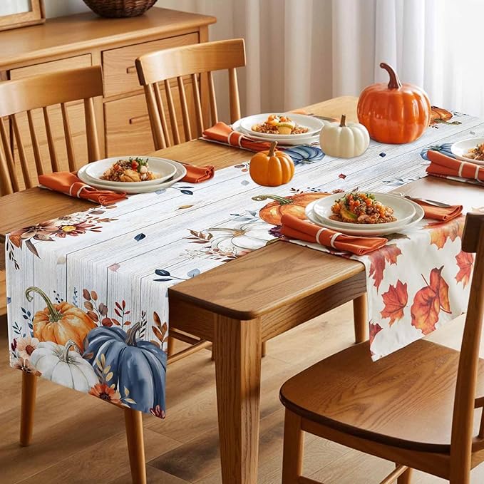 Thanksgiving Fall Cotton Linen Table Runner for Dining Kitchen, Pumpkins Eucalyptus Wedding Outdoor Party Tablerunners Decoration, Farmhouse Wooden Dresser Scarf Coffee Tablecloth Runners 13x36 Inches