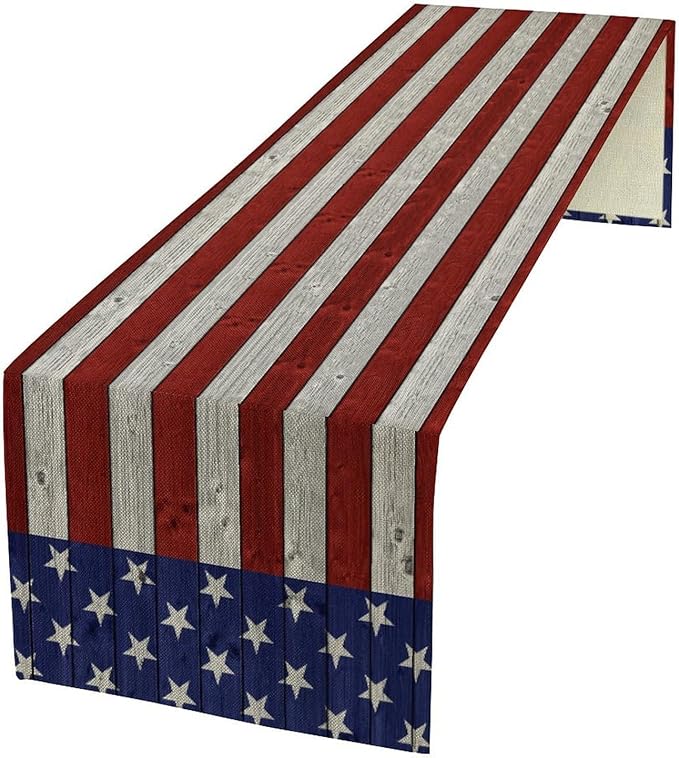 American Flag Table Runner, 4th of July USA Rustic Vintage Wooden Blue Red Stars Stripes Print Table Runner for Farmhouse Kitchen Dining Table Decor, 13x120inch