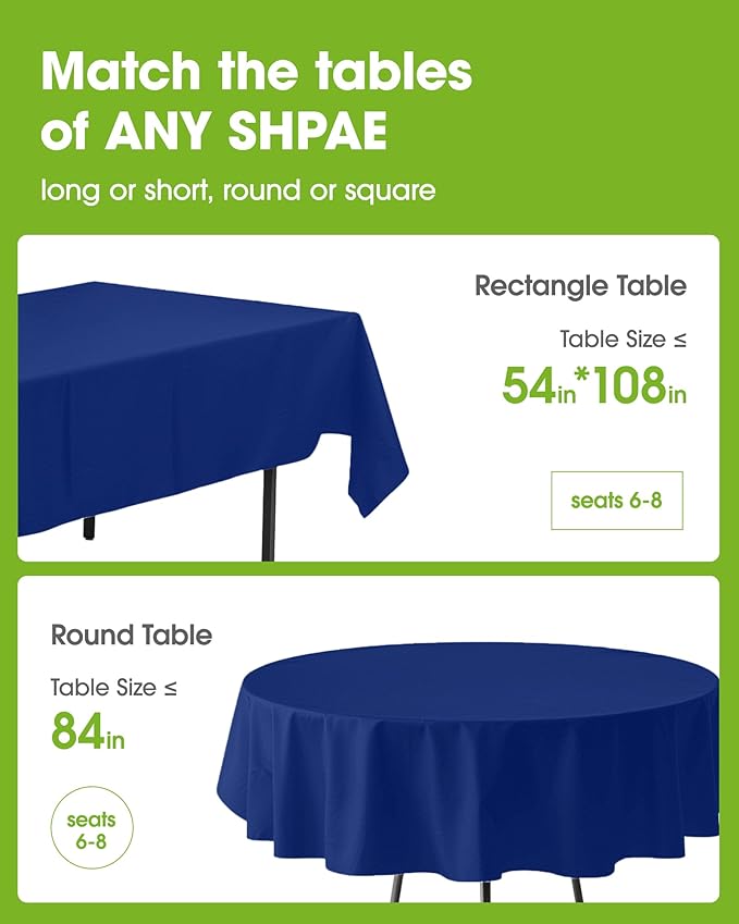 Pureegg Plastic Table Cloth Disposable 10 Pack, 54 x 108 Inch Table Cloths, Patriotic Decorations, Thanksgiving, Veterans Day Tablecloths, Rectangle, Plastic Cover, Leakproof & Sturdy, Navy Blue