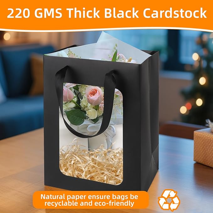 MOXARYSU 3 Pcs Black Gift Bags with Clear Window: 9.8x5.1x7.1 Inch Medium Kraft Paper Bags with Handle For Party Business Birthday Wedding (Black,3p)
