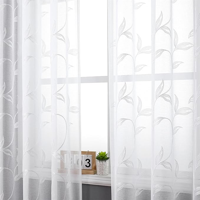 VISIONTEX White Sheer Voile Curtains, Decorative White Embroidery Faux Linen Rod Pocket Window Drapes for Home Kitchen, Living Room and Bedroom 54 x 84 Inch, Set of 2 Curtain Panels
