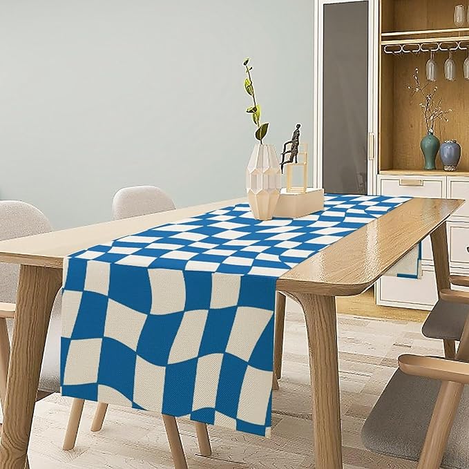 Table Flag Retro Plaid 60s70s Blue Plaid Table Flag Kitchen Restaurant Decoration Suitable for Indoor and Outdoor Festival Home Wedding Party Table Flag 13x120