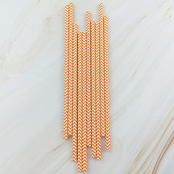 YAOSHENG Premium Disposable Waves Striped Drinking Paper Straws, Pack 100 Orange Waves Paper Straws for Cocktail Party Supplies,Birthday,Bridal/Baby Shower,Juice,Shakes (Orange Waves)