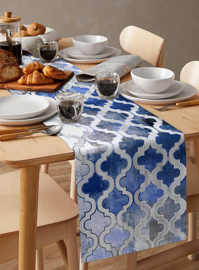 Blue Morocco Plaid Cotton Linen Table Runner for Dining Kitchen, Wedding Outdoor Party Tablerunners Decoration, Distressed Abstract Painted Vintage Dresser Scarf Coffee Tablecloth Runners 13''x108''