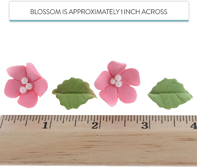Edible Cake Toppers: Small Pink Gumpaste Flowers and Leaves, 72 Pieces