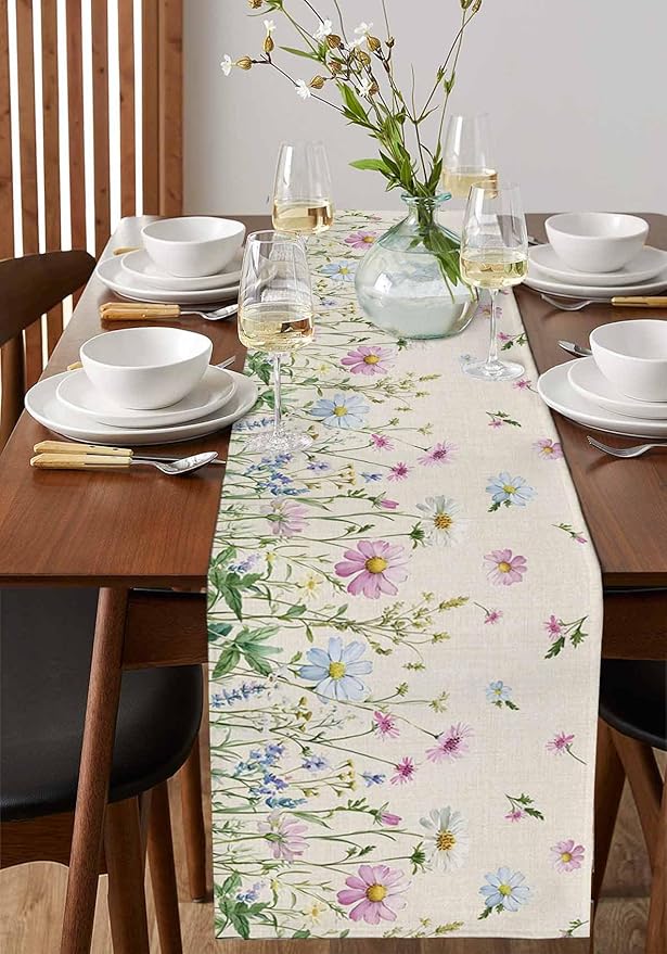 Vintage Wildflowers Cotton Linen Table Runner for Dining Kitchen, Wedding Outdoor Party Tablerunners Decoration, Farm Floral Pink Botanical Plants Dresser Scarf Coffee Tablecloth Runners 13x36 Inches