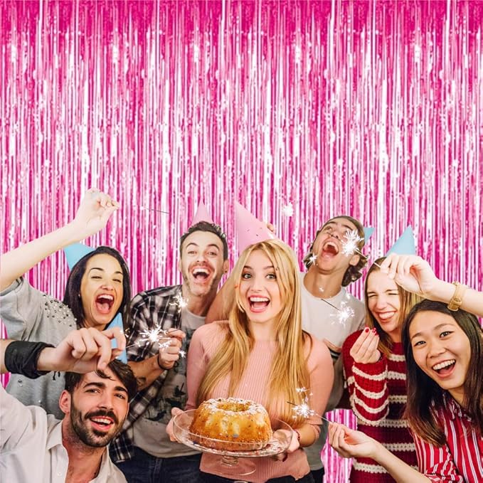 GOER 3.2 ft x 8.2 ft Metallic Tinsel Foil Fringe Curtains Party Photo Backdrop Party Streamers for Galentines Day,Birthday,Graduation,New Year Eve Decorations Wedding Decor (4 Packs,Hot Pink)