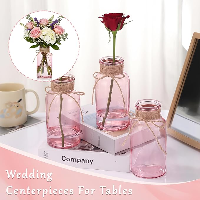 Pink Glass Flower Vases for Centerpieces Set of 6, Mason Jars Boho Cylinder Bud Vases in Bulk, for Weddings Parties Vintage Home Decor