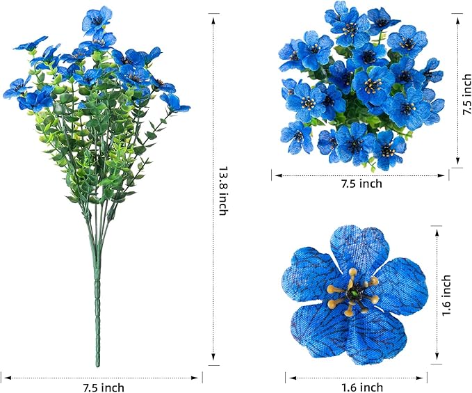 HyeFlora Artificial Flowers for Outdoor Indoor Garden Home Decoration, Faux Flower Daisy with Eucalyptus Leaves Fake Plants Greenery Boxwood Porch Patio, 12 Bundles (Blue)
