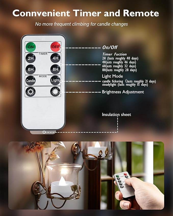Homemory 24pcs Flameless LED Tea Lights with Remote & Timer, 400+Hours Realistic Flickering Battery Candles for Seasonal, Tabletop, and Centerpieces Decor