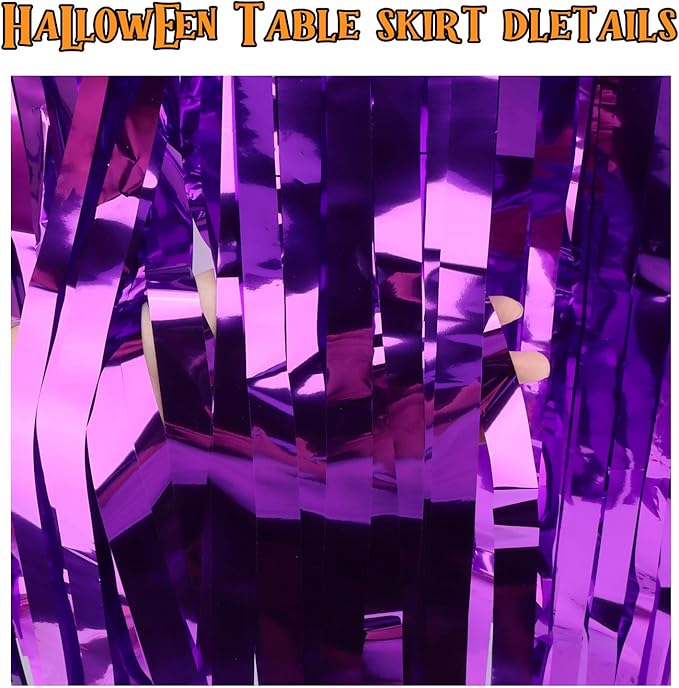 28x106 Inch Purple Sequin Tablecloth for Halloween Decorations, Metallic Tinsel Foil Fringe Table Skirt, Rectangle or Round Tables Decor, Table Cover, Ghost Decorations for Halloween Party