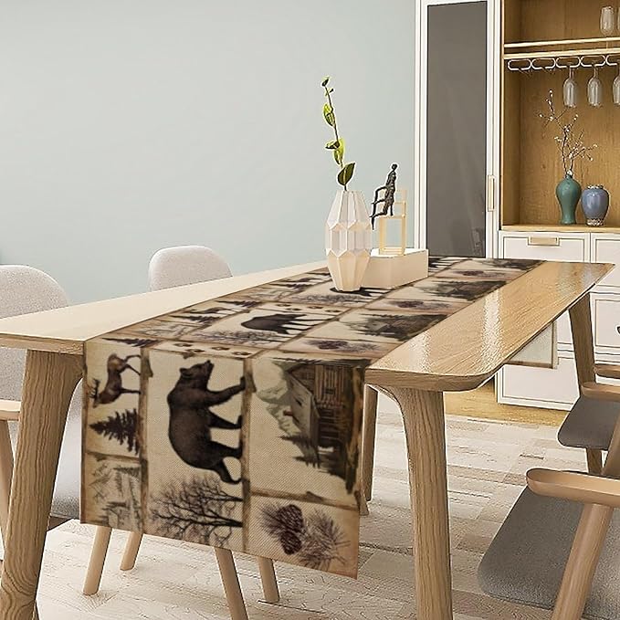 Rustic Cabin Table Runner, Retro Moose Cone Deer Bear Farmhouse Lodge Table Runner for Dinner Living Room Kitchen Vintage Country Cottage 13x70 Inch