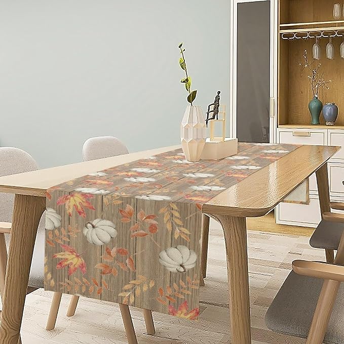Autumn Table Runner,Pumpkins Maple Leaves Wood Fall r Seasonal Table Runner Kitchen Dining Table Decoration for Home Party Decor 13x60 Inch