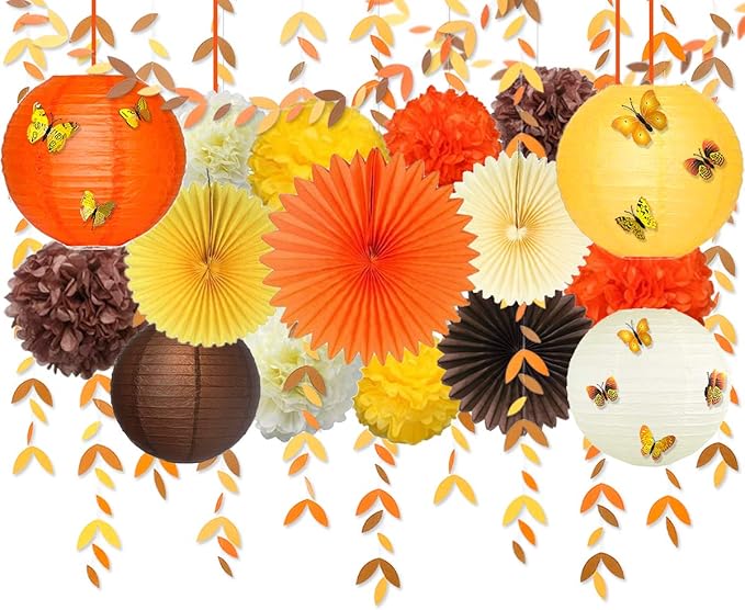 Banners Fall Party Decor Kit with Paper Fans, Lanterns and Pom Poms