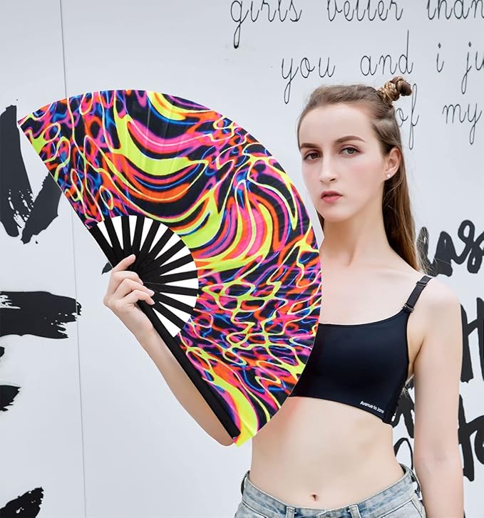 Amajiji Rave Folding Hand Fan Popping Fans for Line Dancing, Large Clacking Fans Clap Fan for Boots On The Ground Dance,Party,Decoration,Festival (Psychedelic Neon)