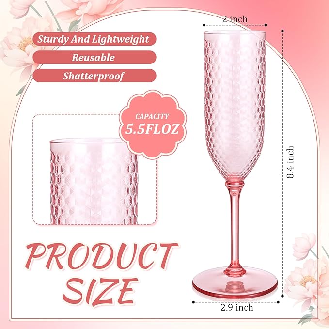 Champagne Glasses 48 Pack, 5.5 oz Pink Plastic Flutes with Detachable Stems