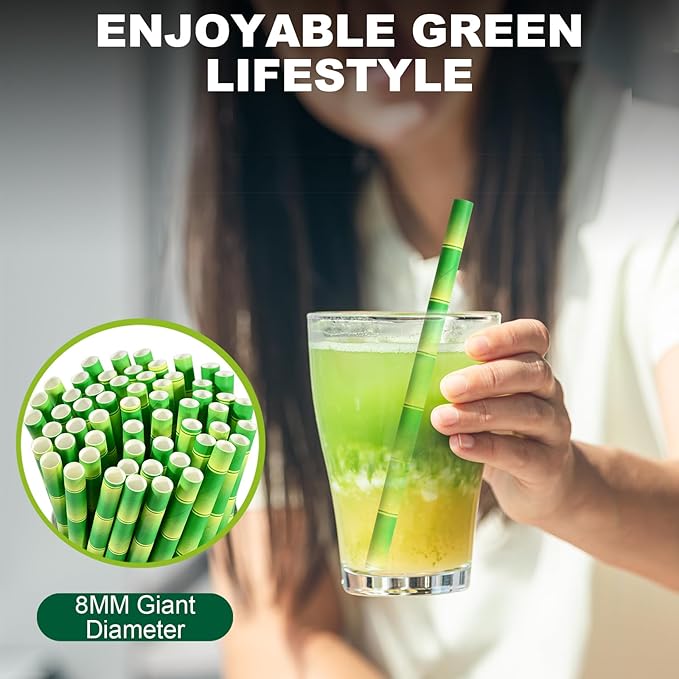 Paper Straws, 250 Count Green Bamboo Disposable, 5.75 Inch Giant