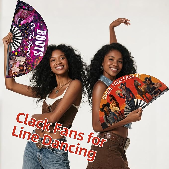 Where Them Fans at Folding Fans for Line Dancing, Boots On The Ground, Line Dance Popping Fan, Western Clack Fan for Dance, Party, Decoration, 13In