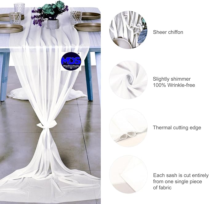 MDS 15 Pack 10ft Chiffon Table Runner 29 x 120 Inches Sheer Wedding Runner Romantic Rustic Table Runner for Wedding Decorations, Birthday Parties, Bridal Shower Party Arch Decor - Ivory