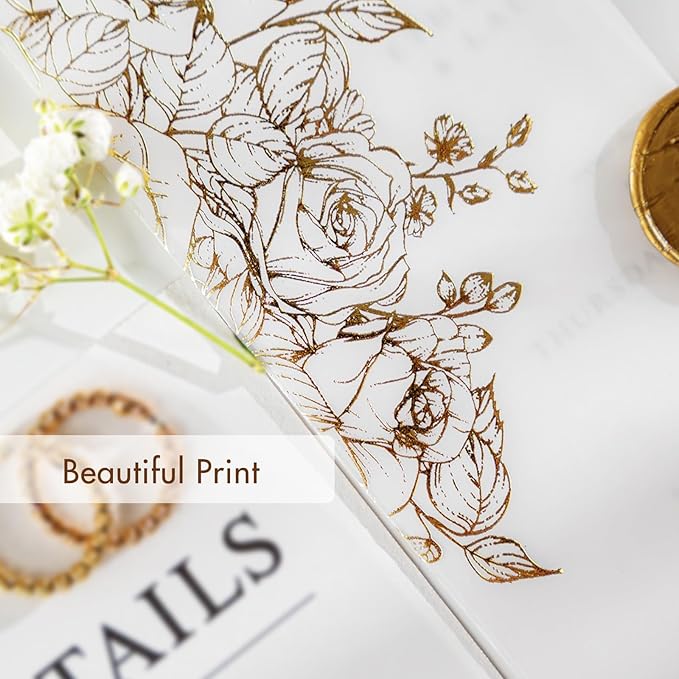 50 Pack Pre-Folded Vellum Jackets for 5x7 Invitations,AZAZA Gorgeous Translucent Invitation Sleeves,115GSM Vellum Jackets 5x7, Wedding Invitation Accessories,for Weddings Birthdays,Golden Roses